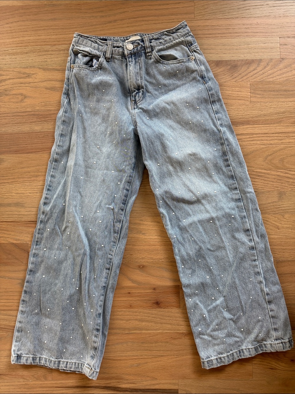 Habitual Girl Girls’ Size 12 Rhinestone Studded Wide Leg Jeans Light Wash Denim